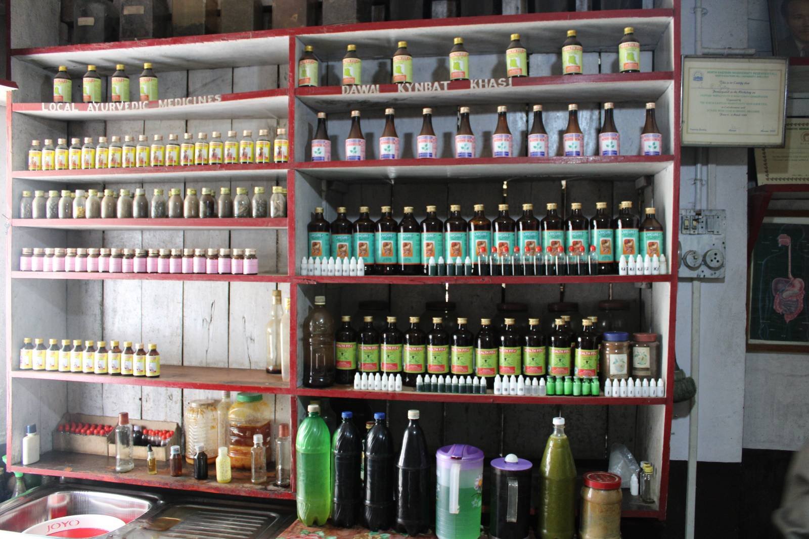 Ayurvedic and Dawai Kynbat display shelves of medicines